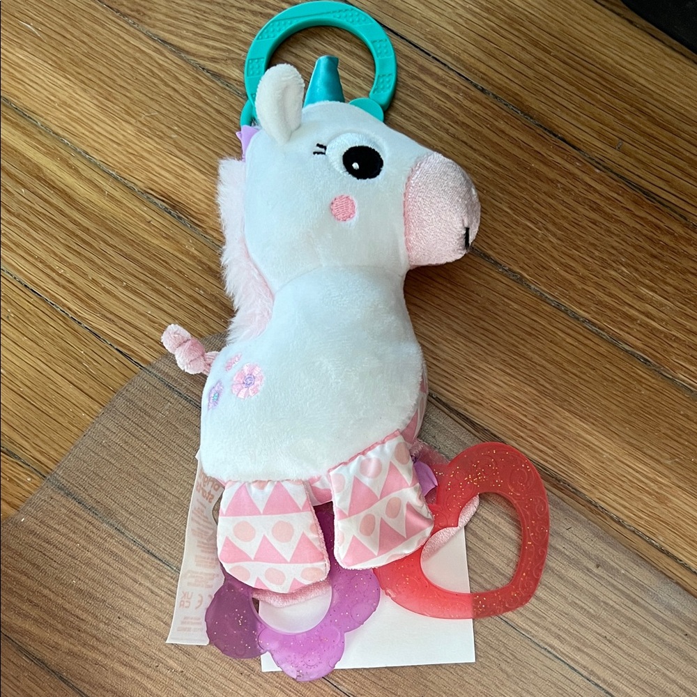 NWOT Bright Starts Plush Unicorn Baby Toy with Teething Rings - Pink and White